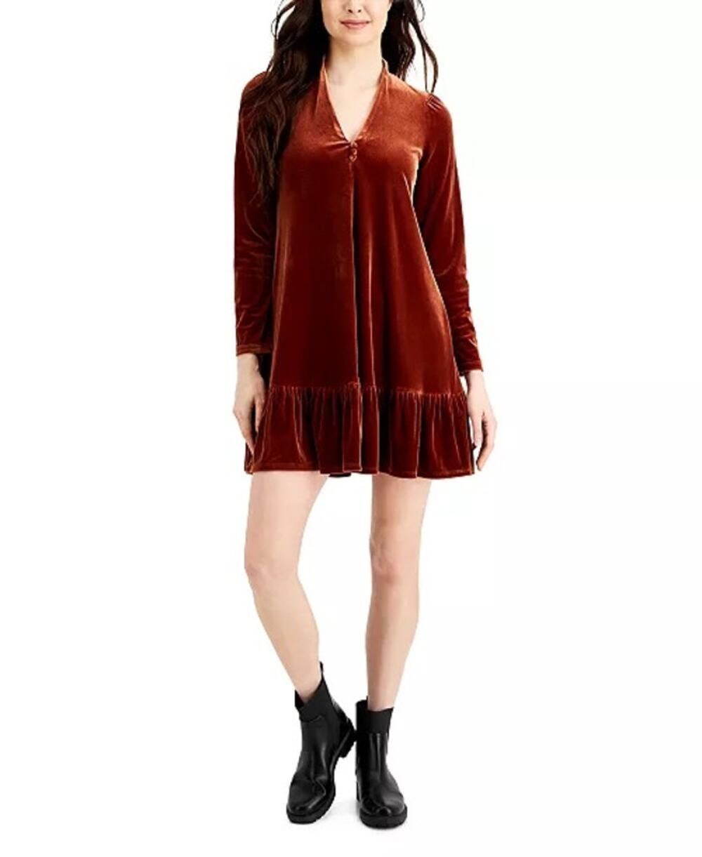 Taylor Rust Red Orange Velvet Long Sleeve Trapeze Mini Dress - Size 10